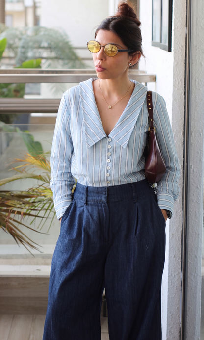 Sky Blue Stripe Oversized Collar Top