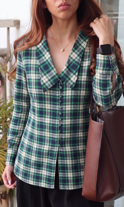 Green Tartan Oversized Collar Shirt