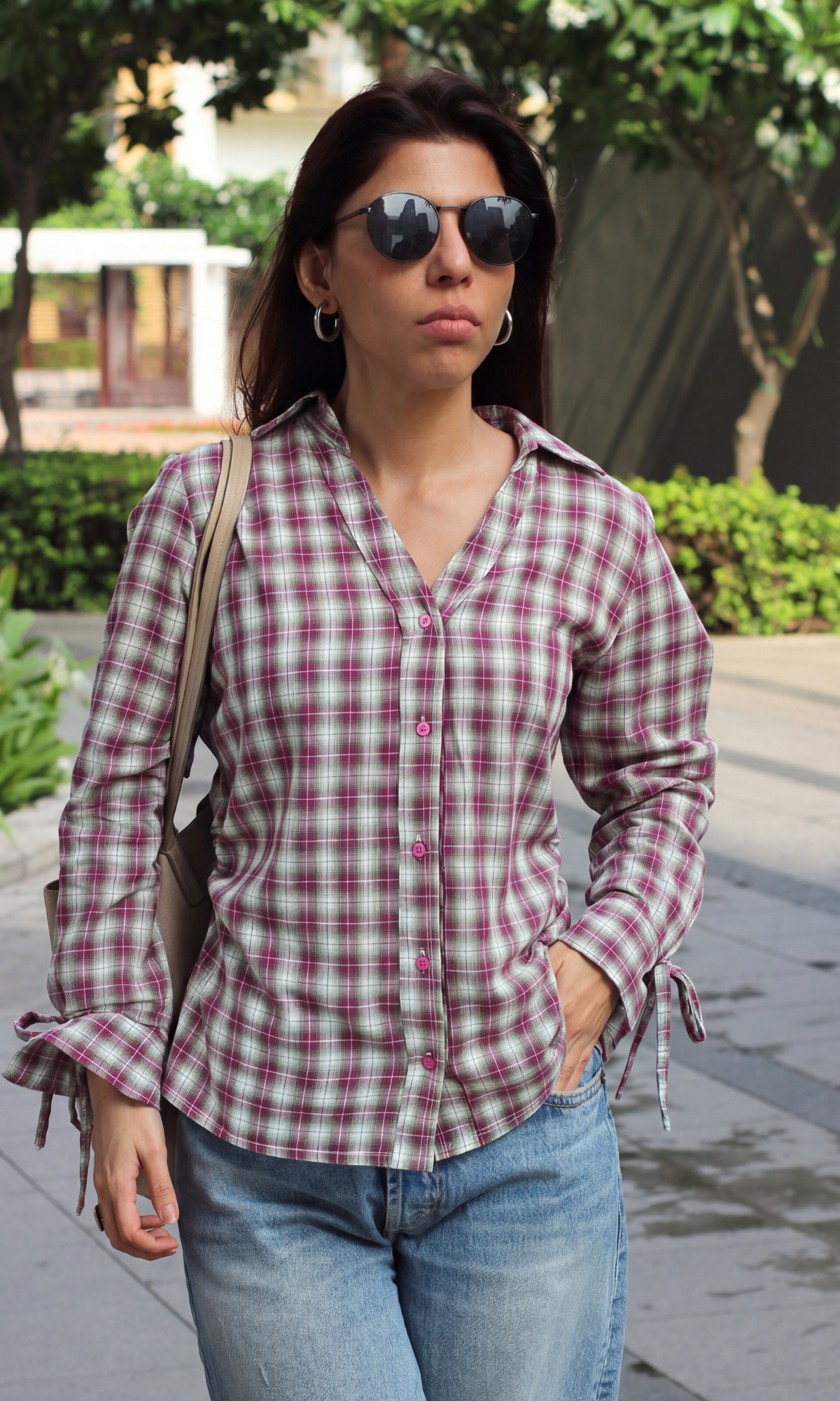 Berry Grey Crinkled String Detail Checked Shirt