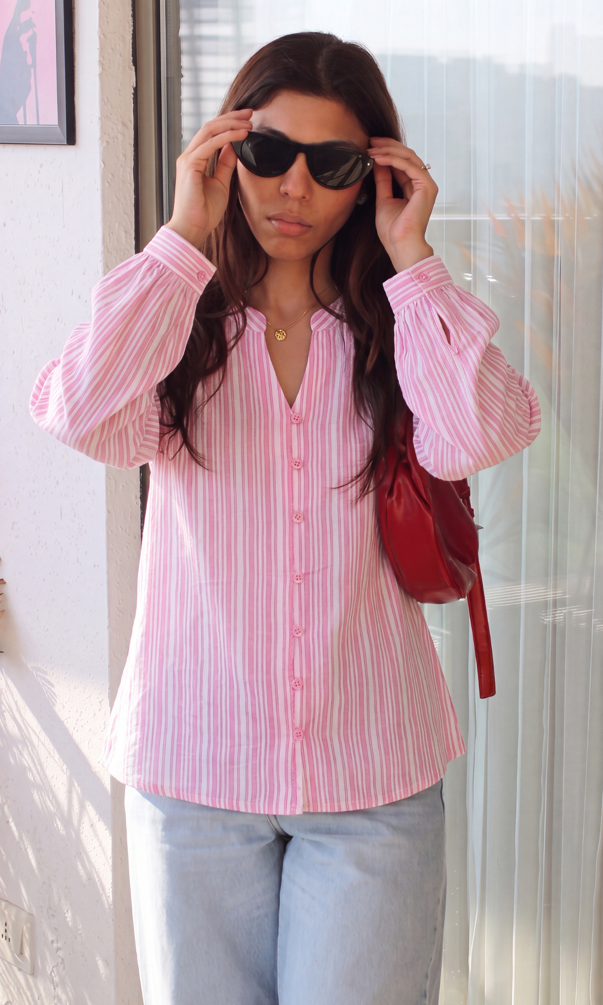 Rose Stripe Gathered-Collar Bishop Sleeve Shirt