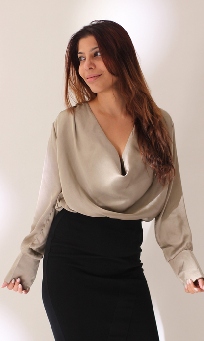 Greige Full Sleeves Cowl Neck Top