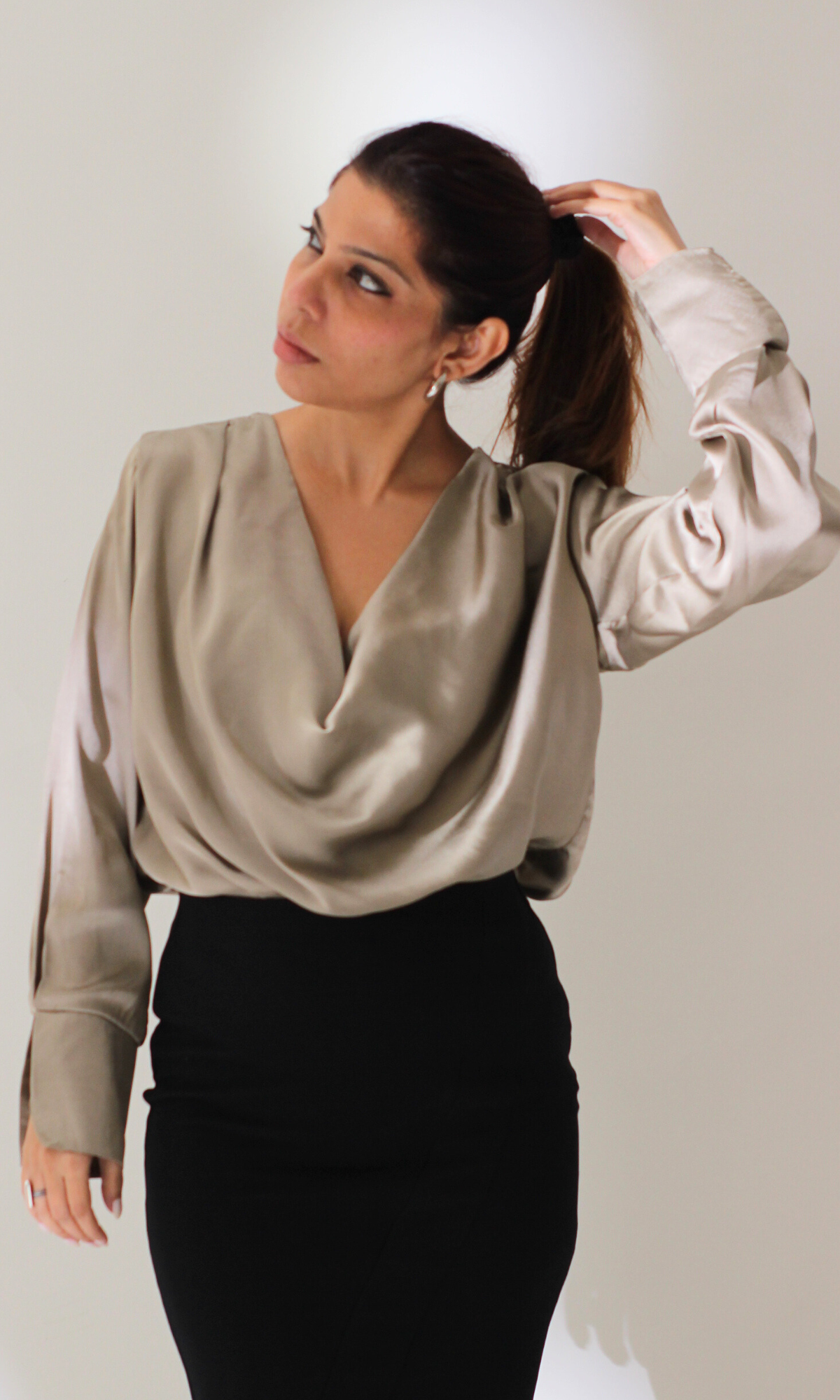 Greige Full Sleeves Cowl Neck Top