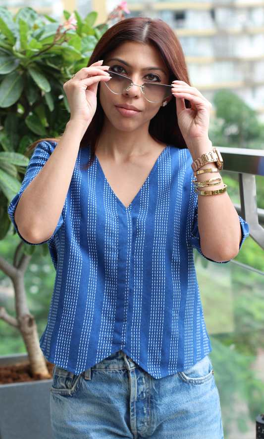 Linear Indigo Striped Sleeved Waist Coat