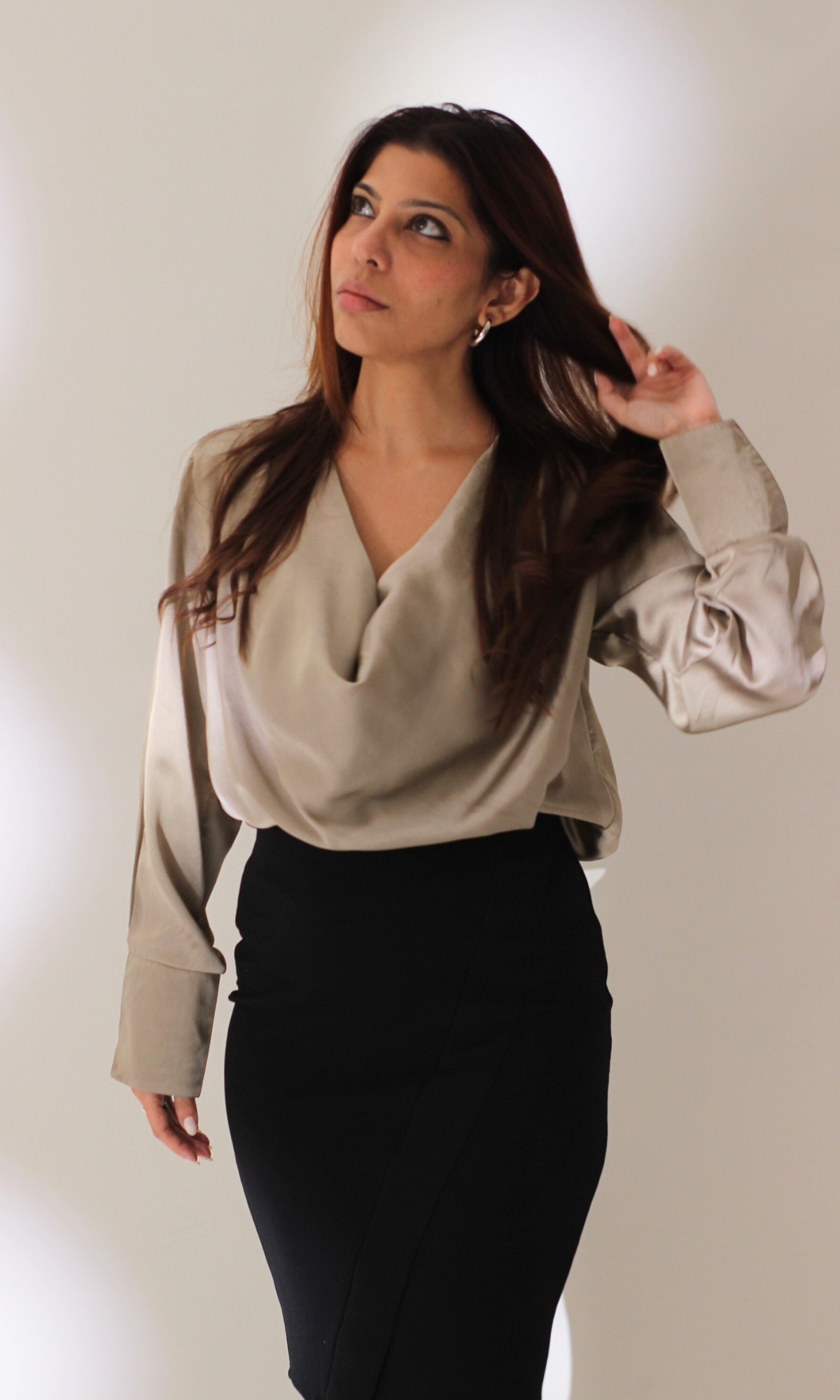 Greige Full Sleeves Cowl Neck Top