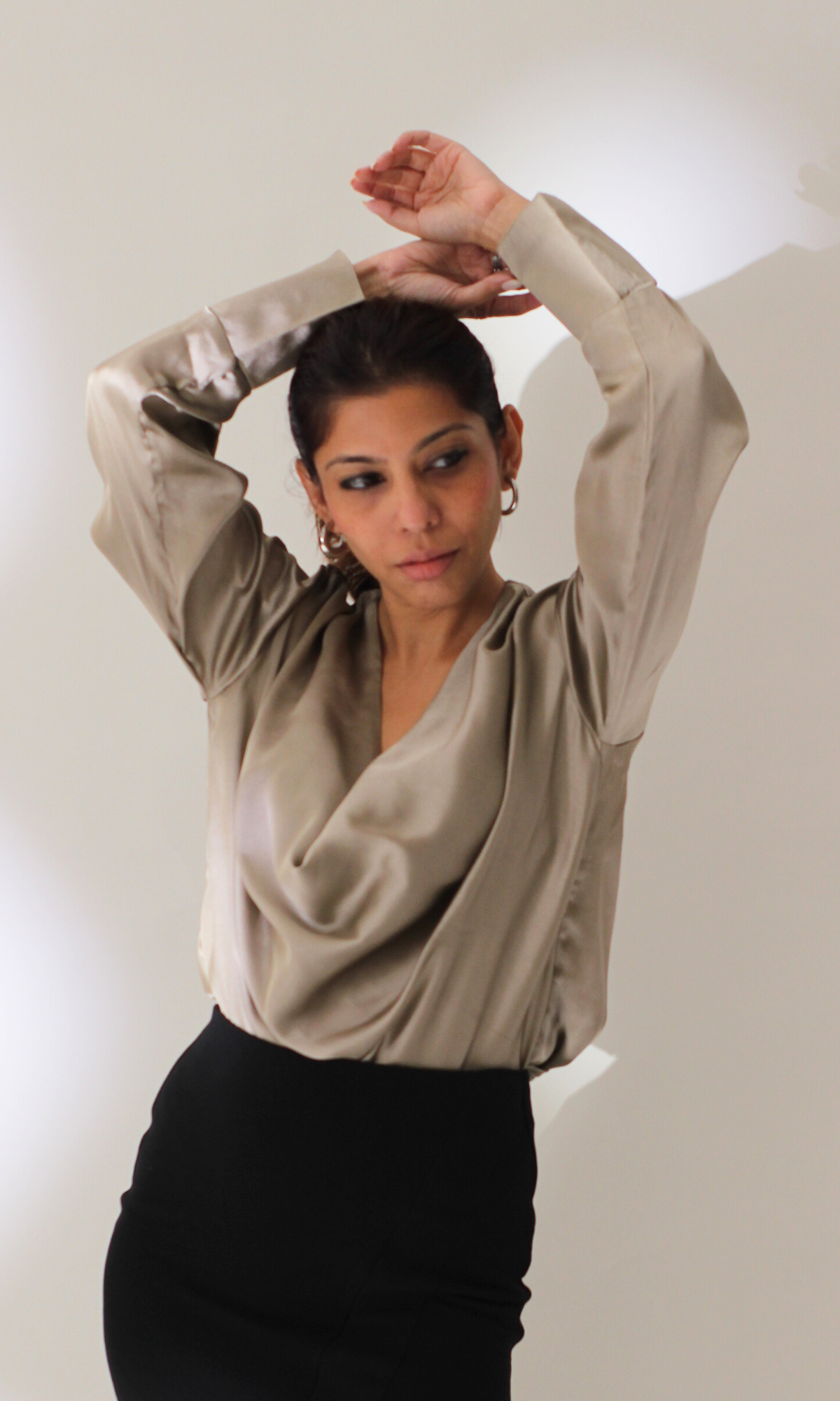 Greige Full Sleeves Cowl Neck Top