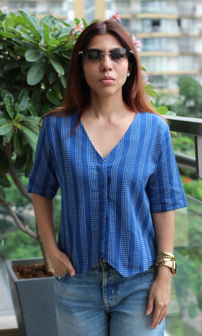 Linear Indigo Striped Sleeved Waist Coat