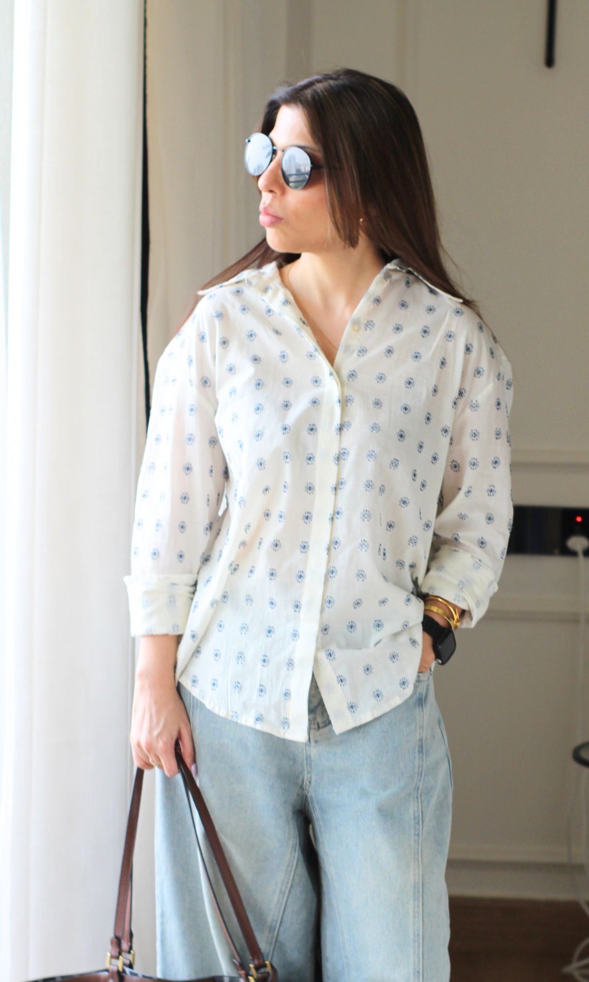 Ivory & Navy Cotton Weave Oversize Shirt