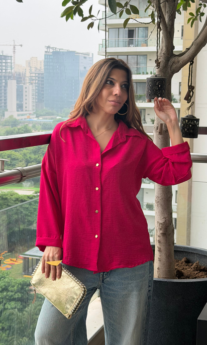 Fuchsia Metallic-Buttoned Shirt
