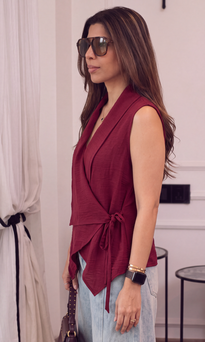Burgundy Asymmetric Wrap Top.