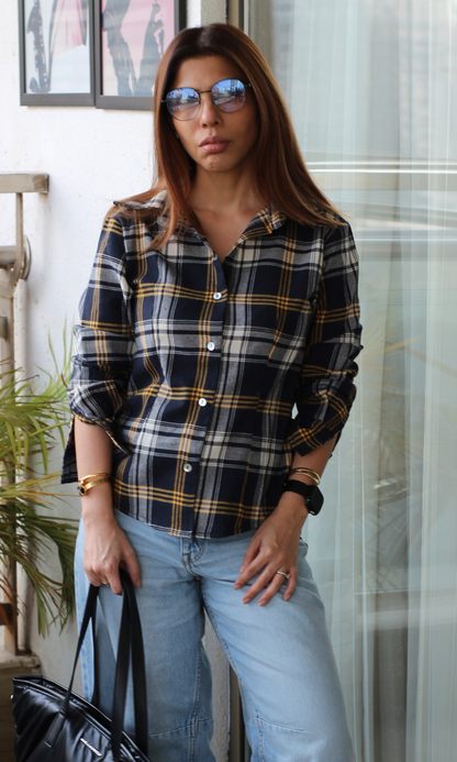 Blue Yellow Check Peplum Shirt