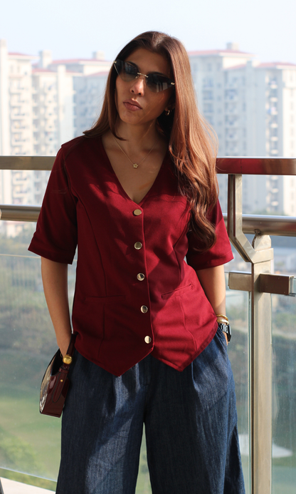 Wine Sleeved Metallic Buttoned Waist Coat