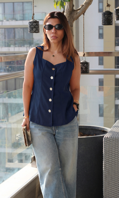 Deep Blue Silver Buttoned Flared Top