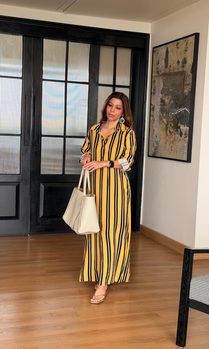 Mustard Black Stripe Shirt Dress