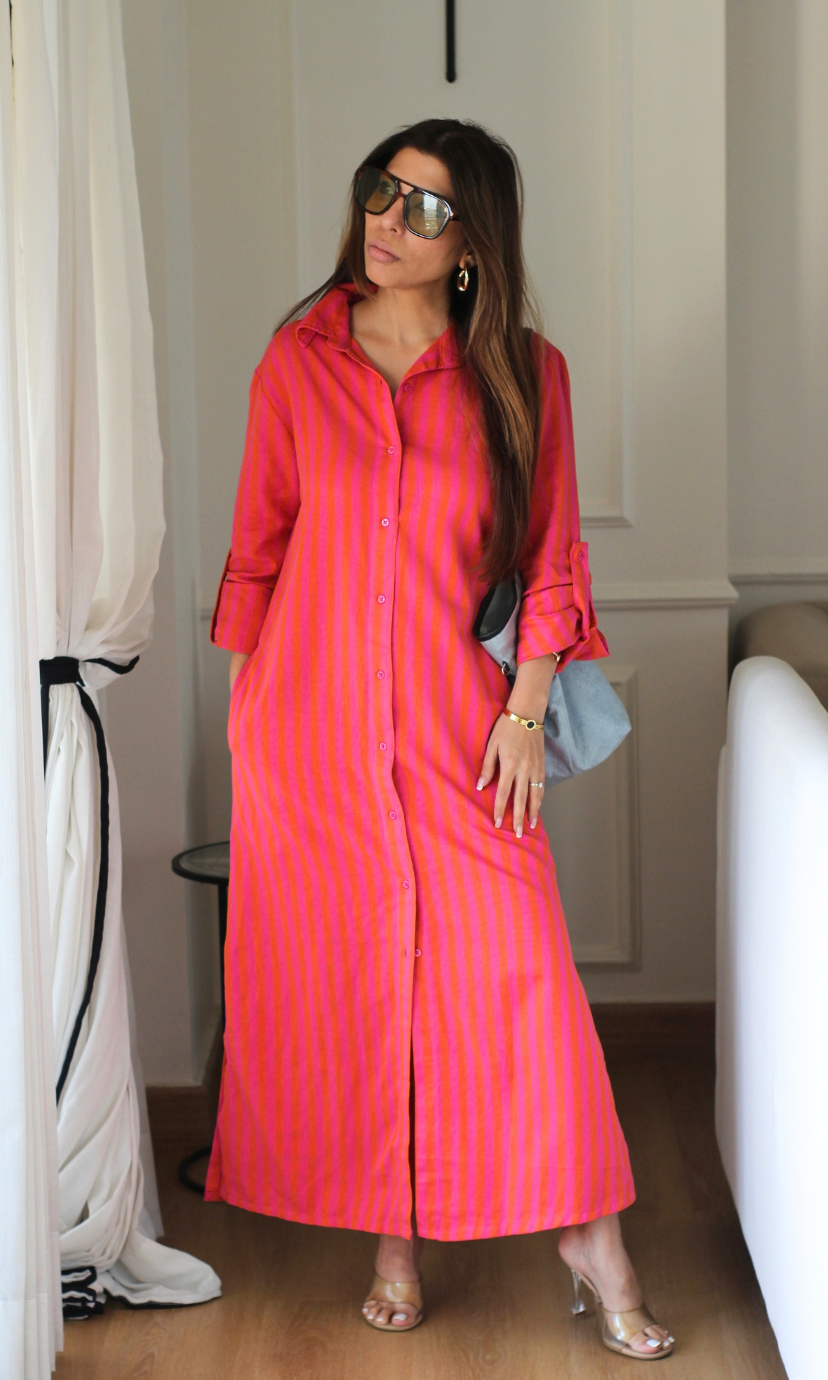 Magenta Orange Stripe Cotton Shirt Dress