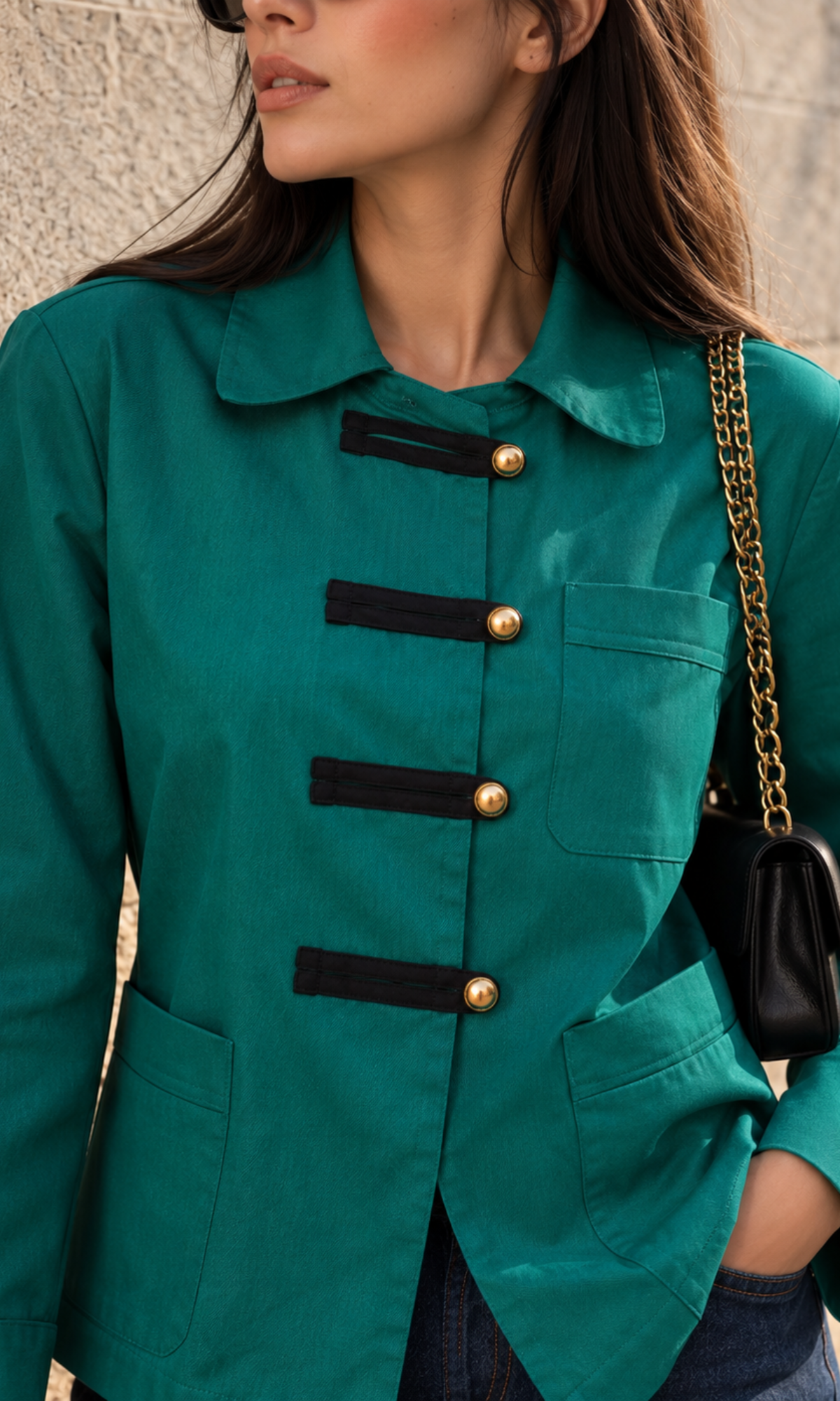 Frog-Closure Green Pinstripe Overshirt