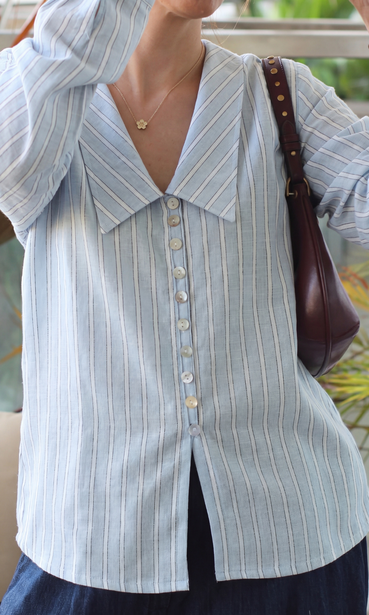 Sky Blue Stripe Oversized Collar Top