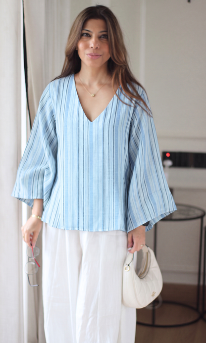 Blue Stripe V-Neck Peplum Top