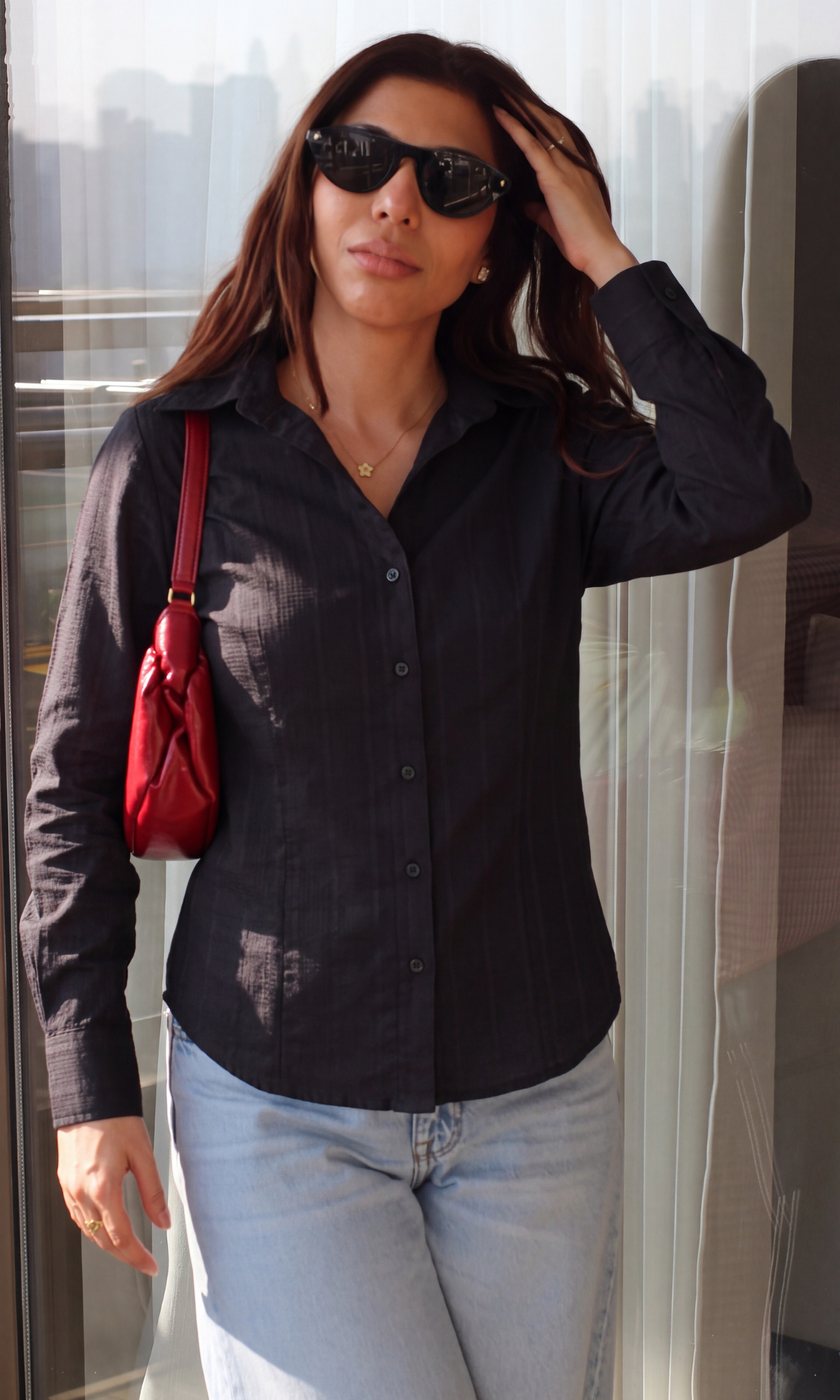 Charcoal Cotton Weave Peplum Shirt