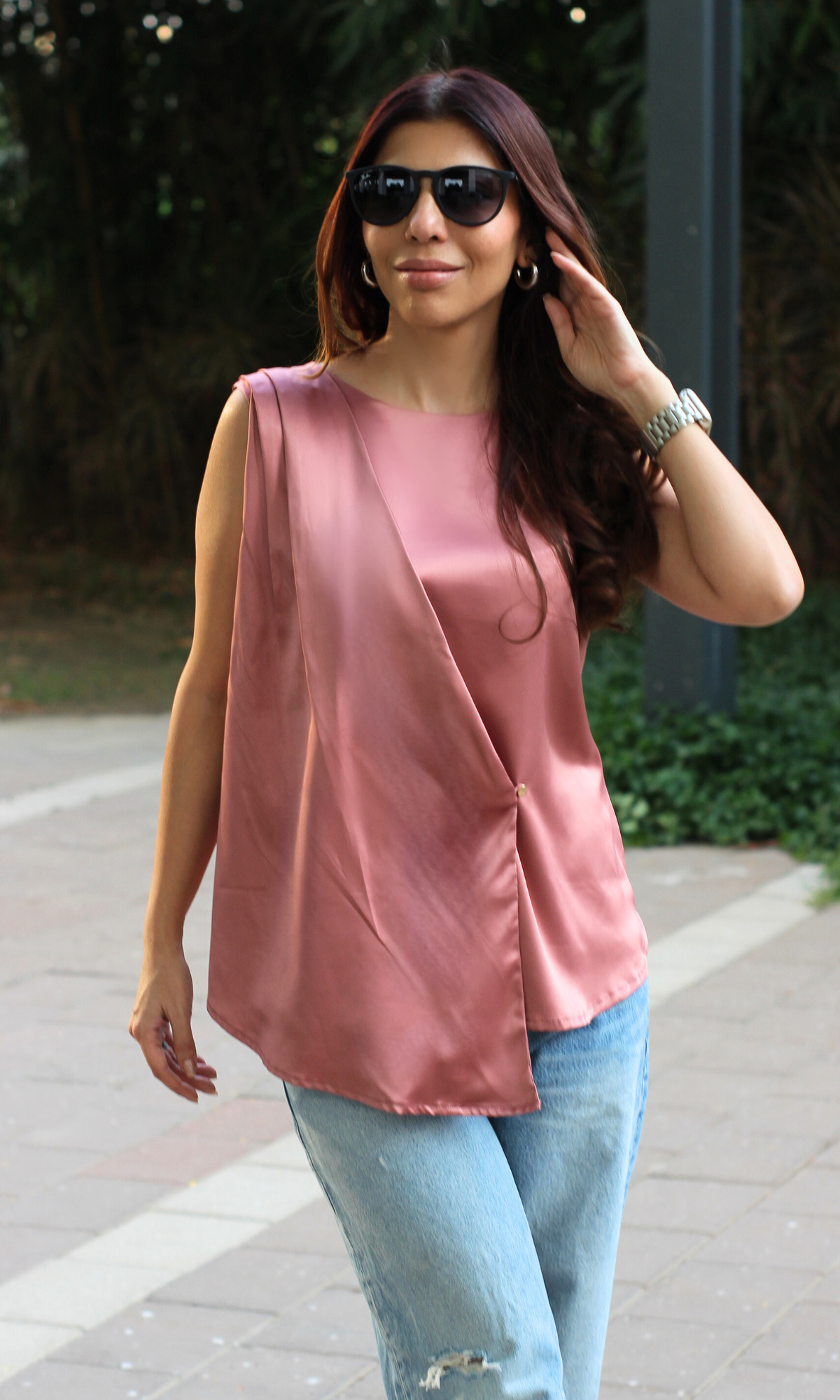 Old Rose Asymmetric Button Detail Top