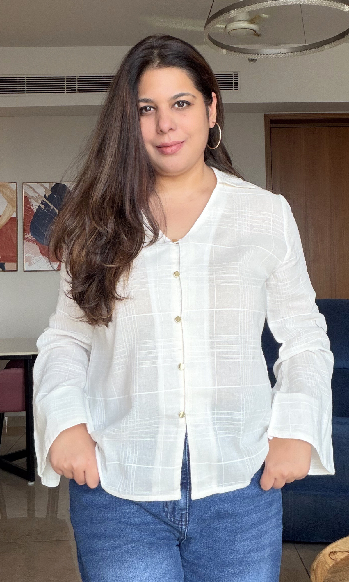 Ivory Textured Flared Sleeve Shirt