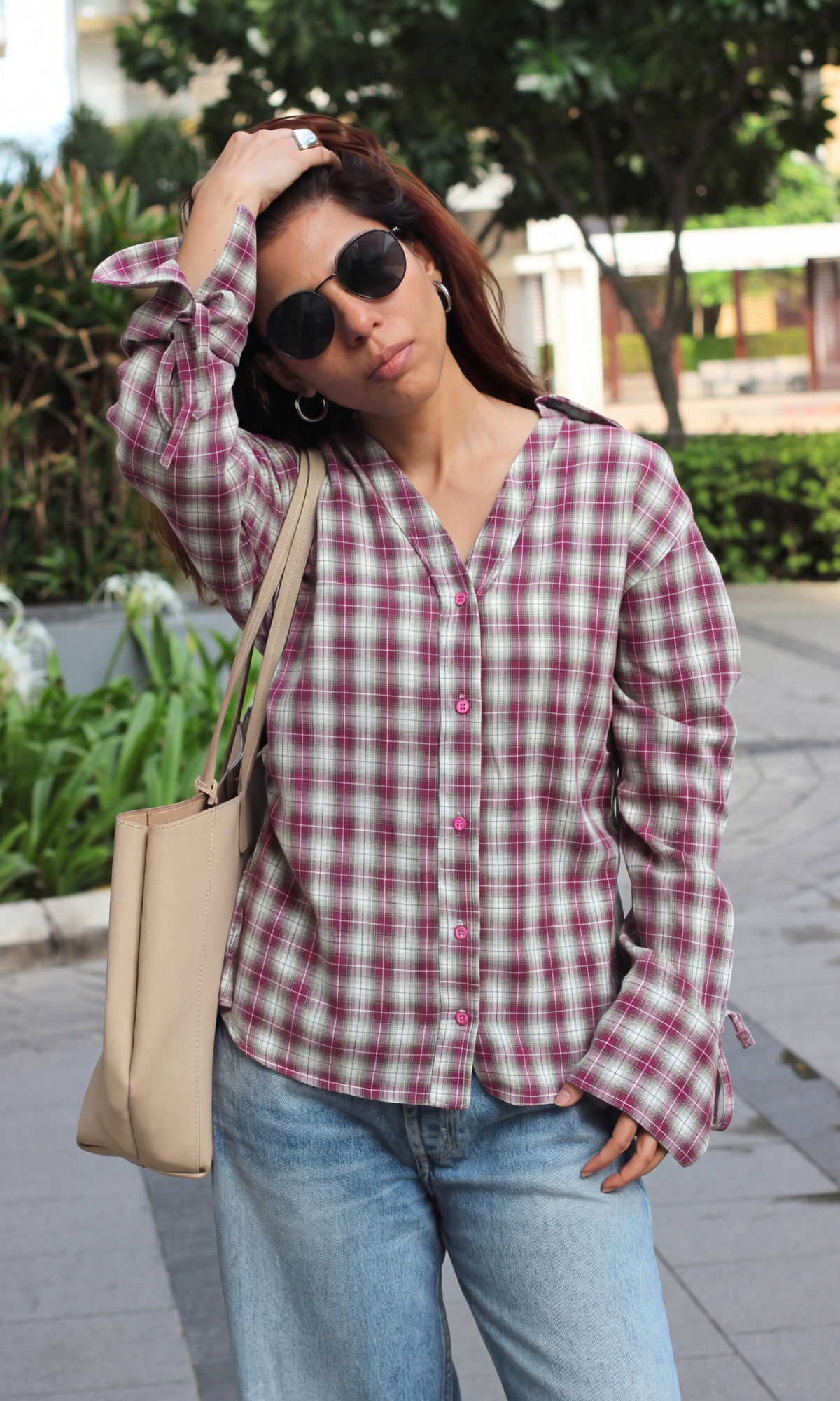Berry Grey Crinkled String Detail Checked Shirt
