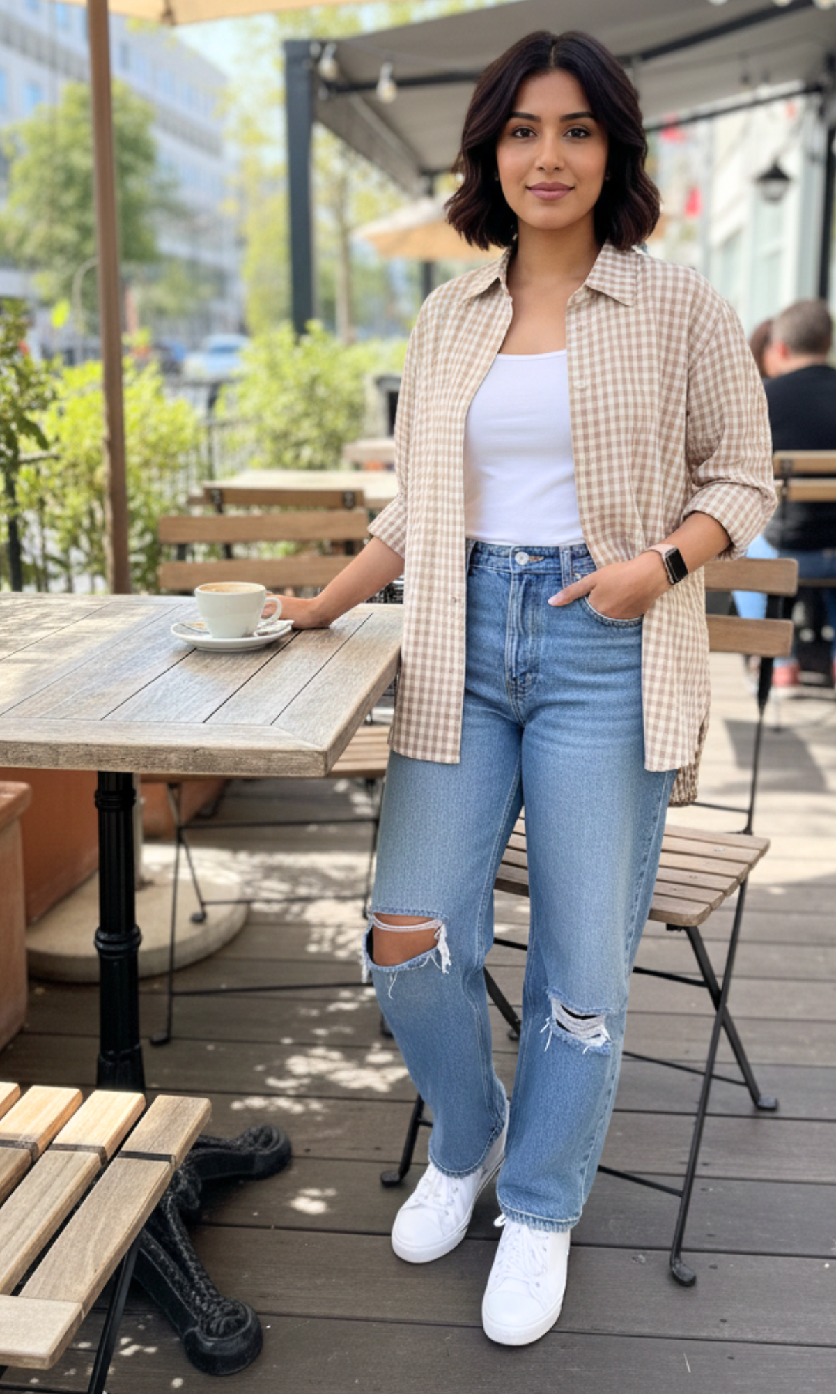 Women’s biscotti-cream gingham checked shirt in 100% cotton with oversized check pattern, relaxed drop-shoulder fit and button-down front.