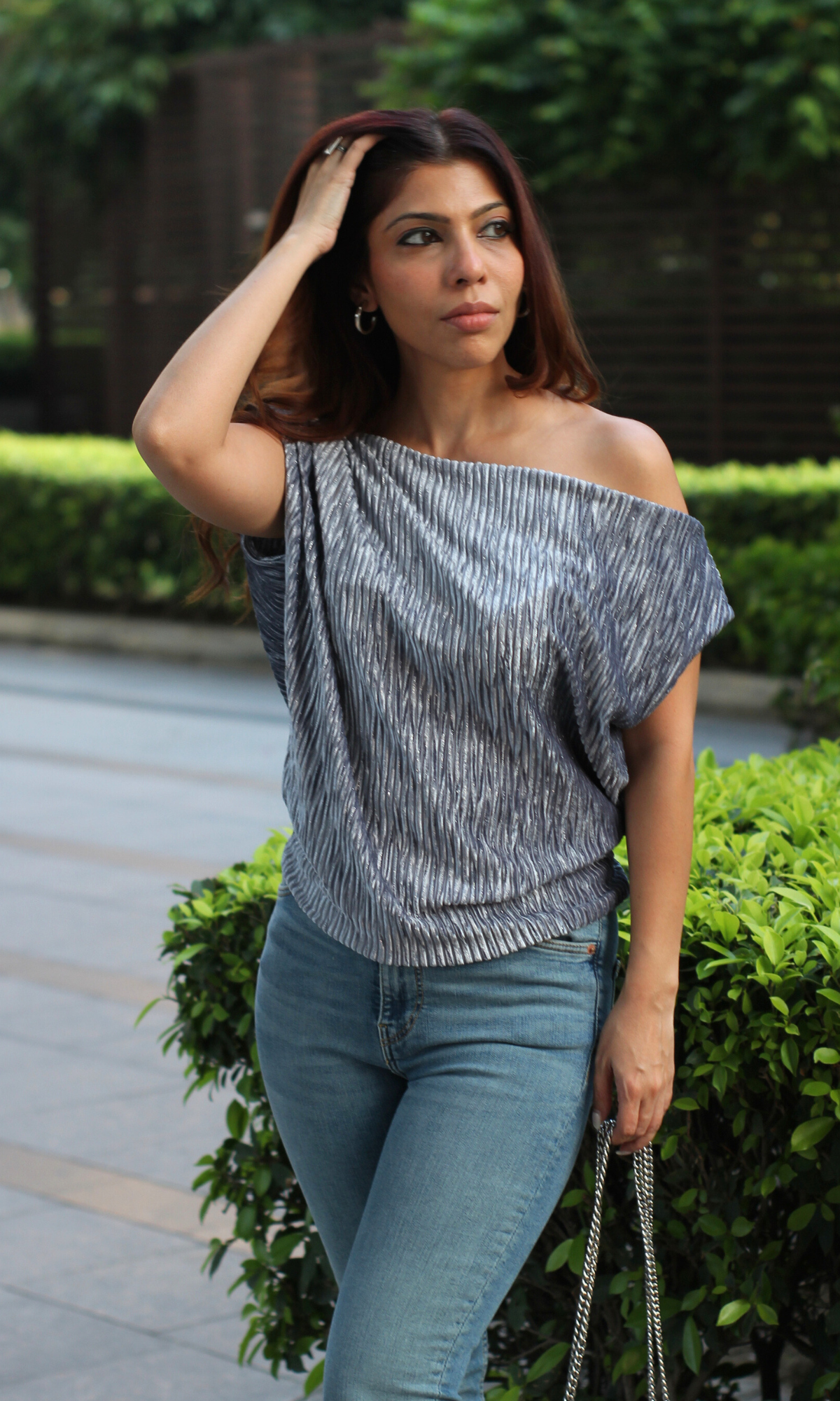 Grey Pleated One-Shoulder Top