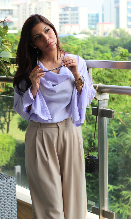Lavender Slit Sleeves Cowl Neck Top