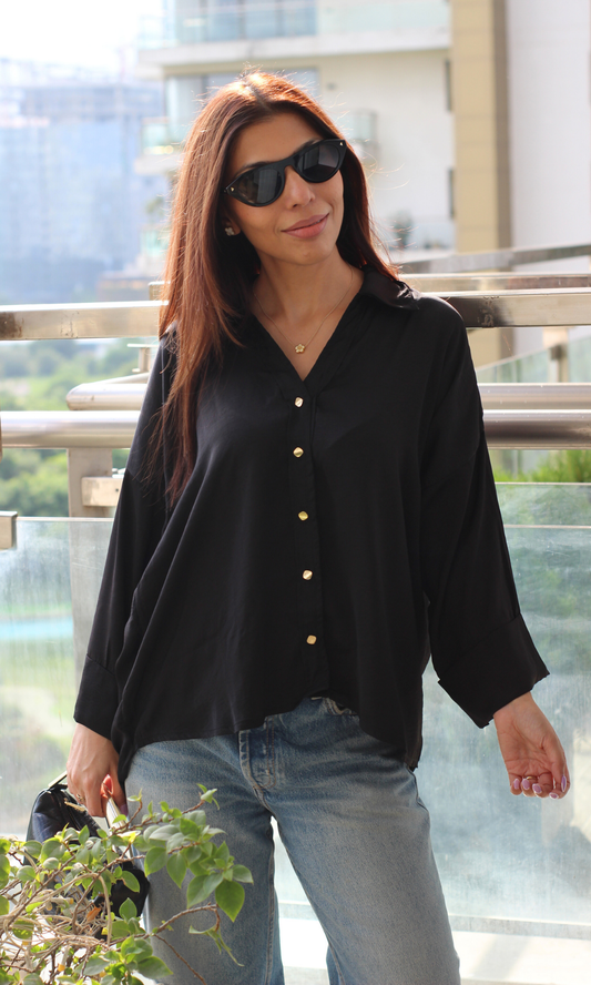Black Sleeved Metallic Buttoned Shirt