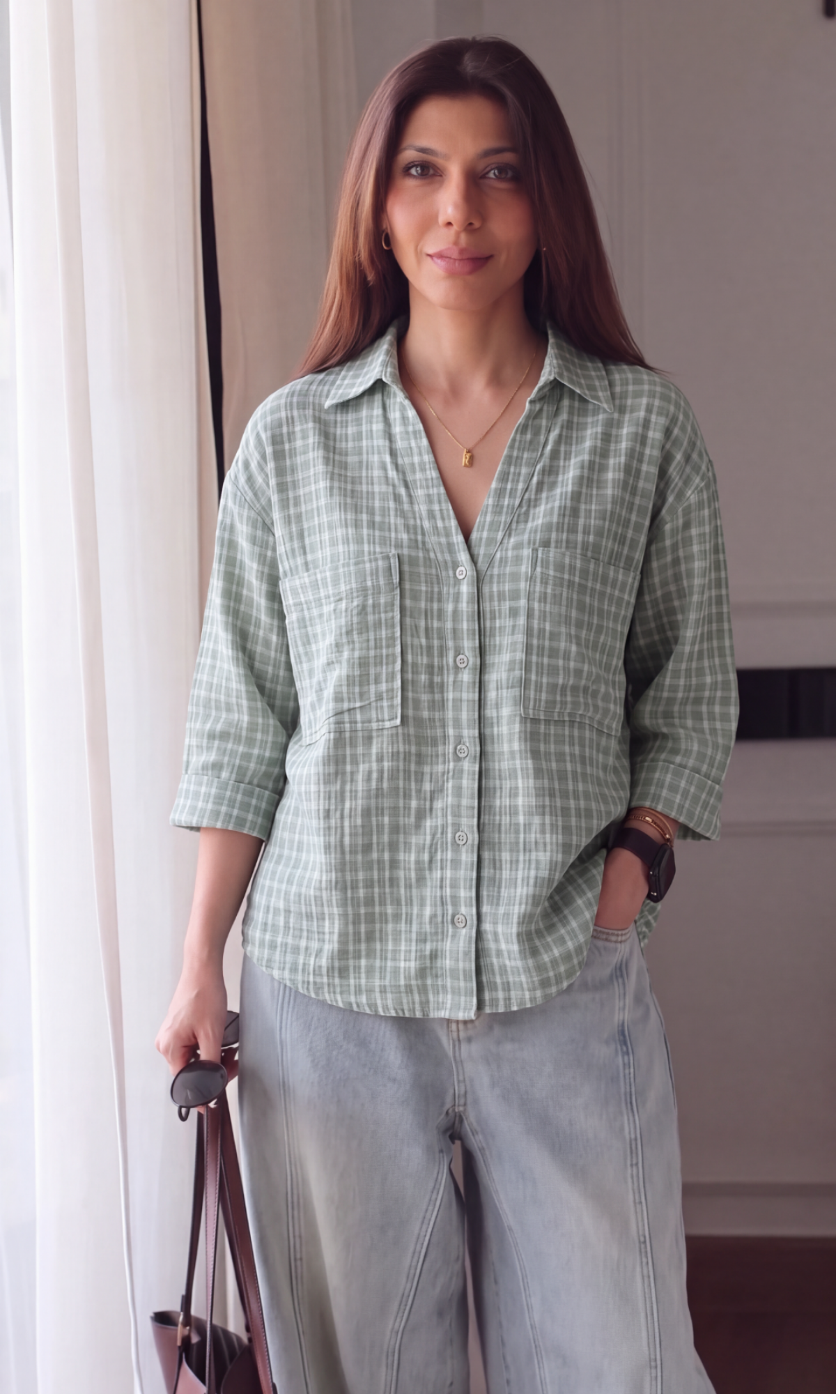 Sage Green Check Loose Shirt