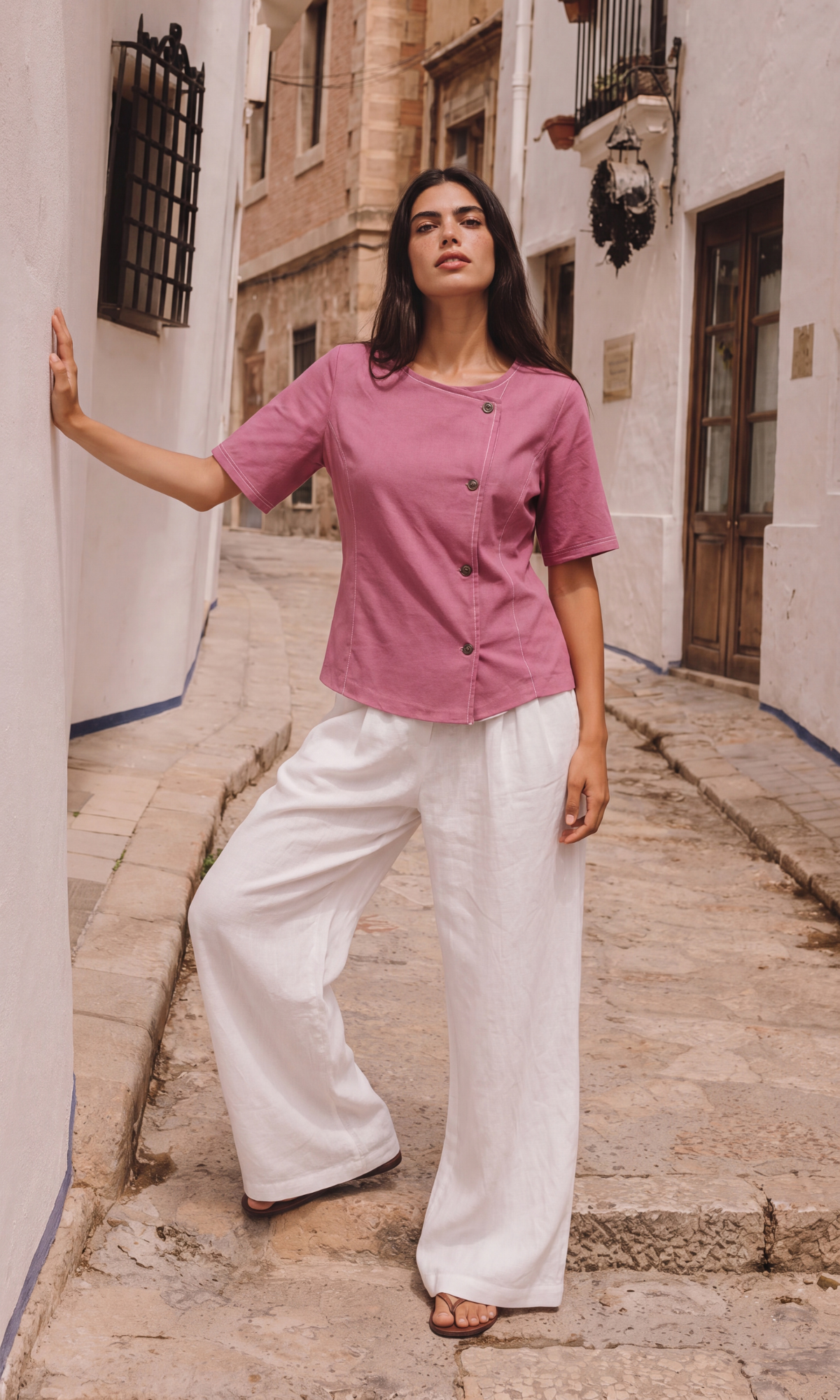 Pink Denim Contrast Stitch Top