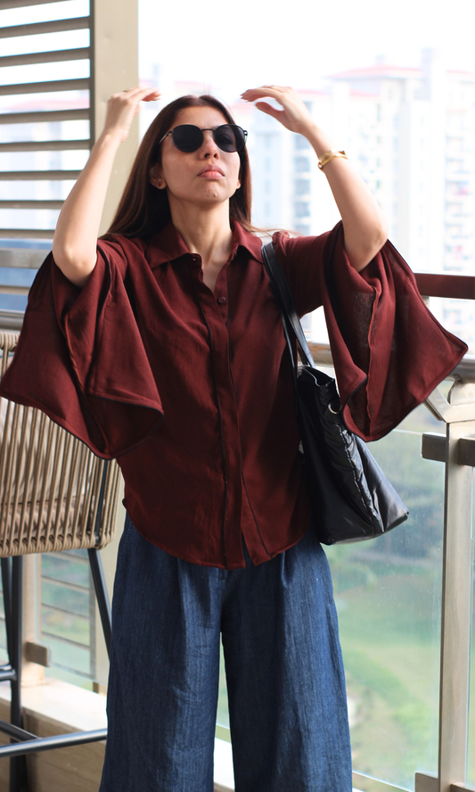 Brown Textured Slit Sleeve Shirt