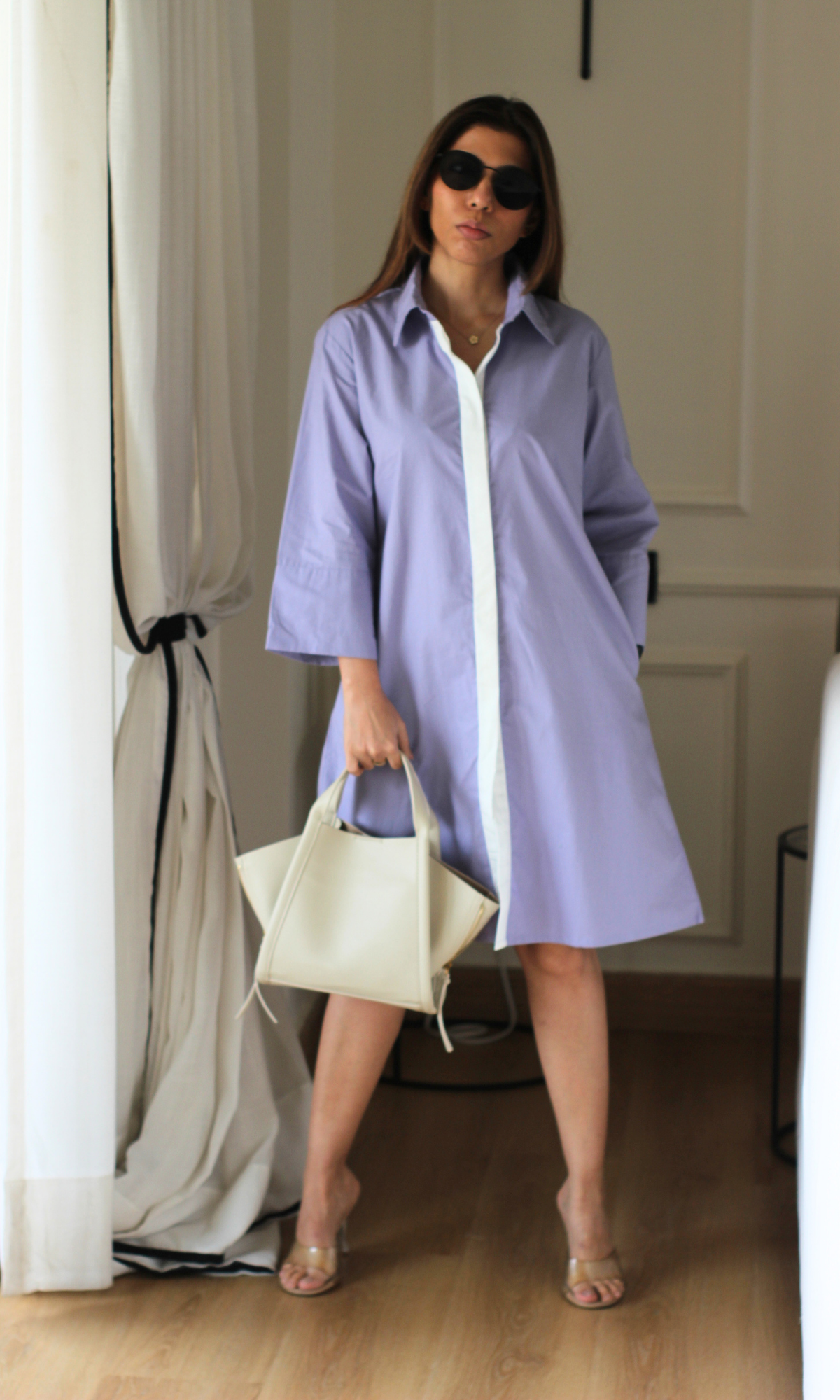 Dusty Lavender Contrast Placket Poplin Dress