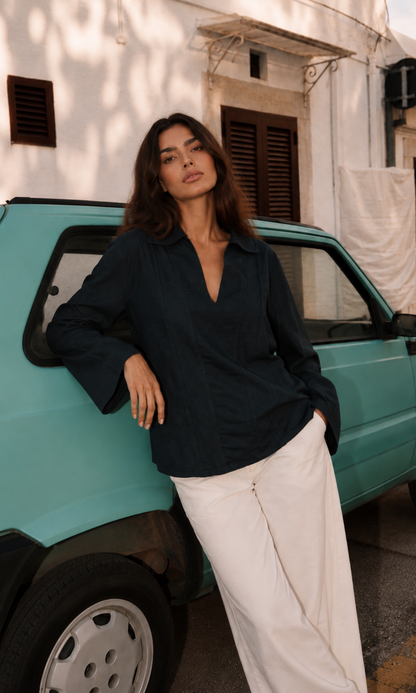 Charcoal Textured V-Neck Blouse