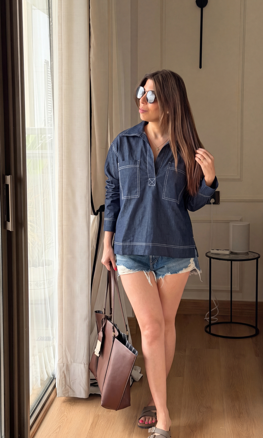 Navy Cotton Denim Contrast Stitch Utility Top
