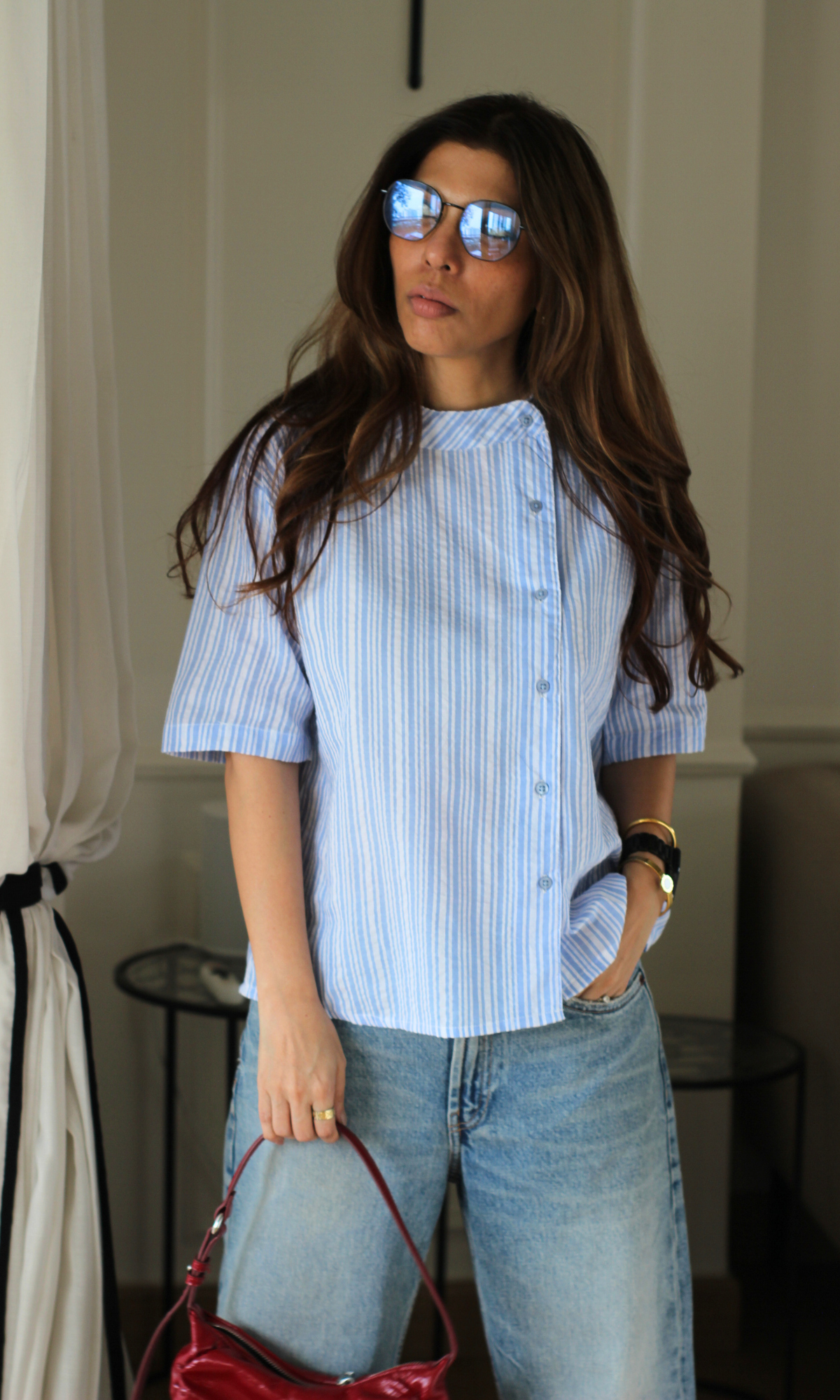 Blue Stripe Mandarin Collar Shirt