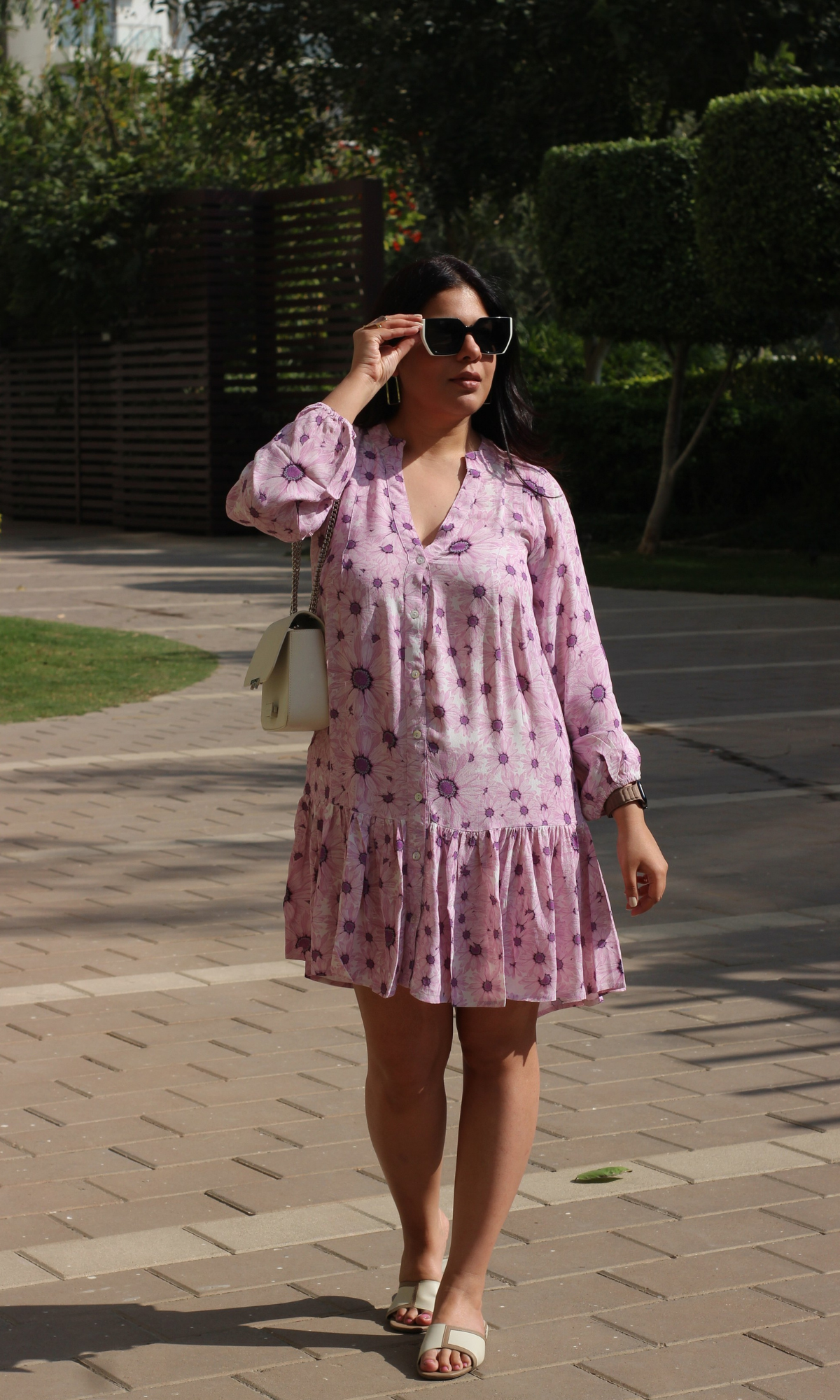 Vibrant Purple Printed Sleeved Crepe Dress