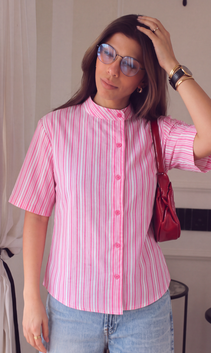 Pink Striped Mandarin Collar Shirt