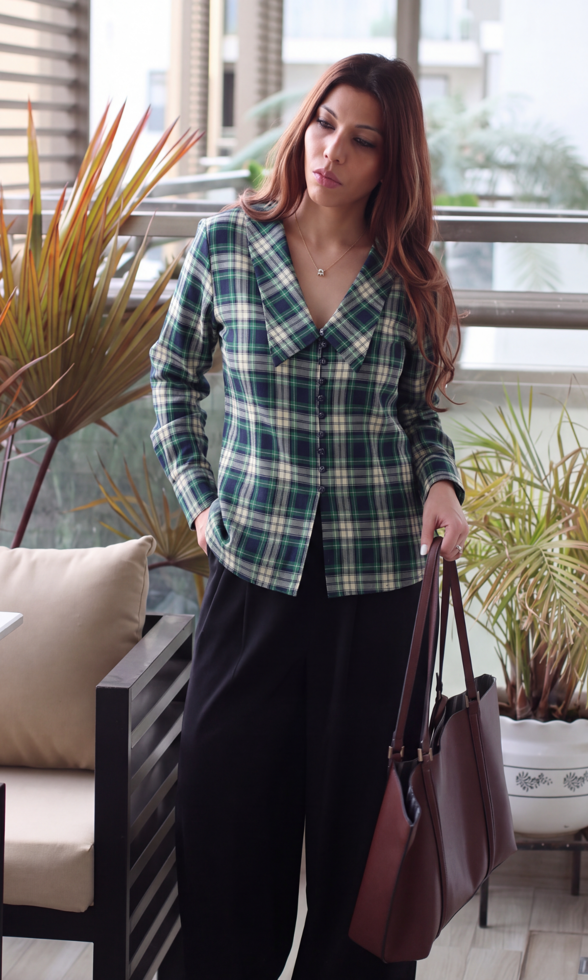 Green Tartan Oversized Collar Shirt