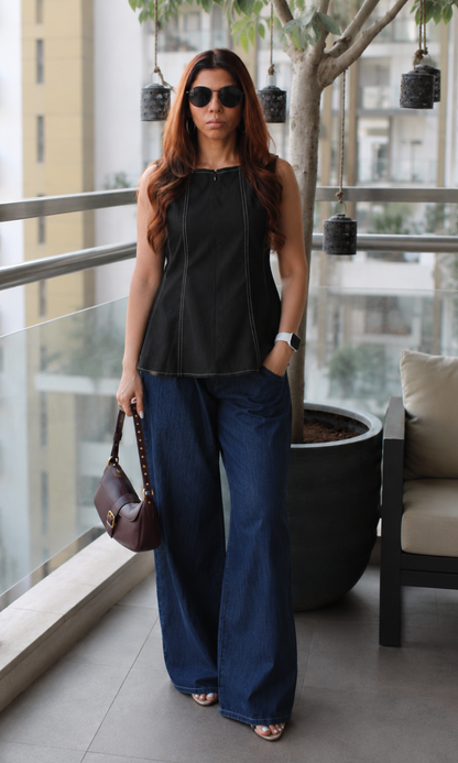 Noir Denim Cotton Flared Top