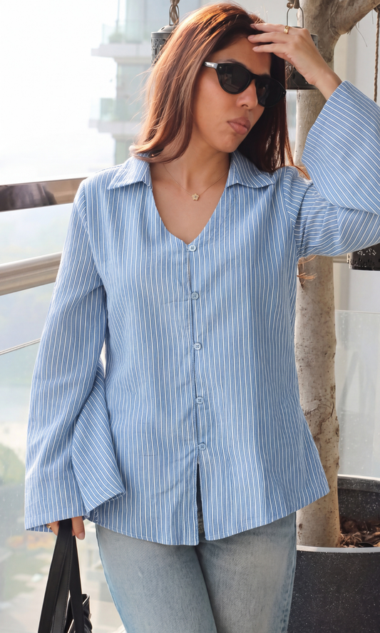 Blue Stripe Flared Sleeve Shirt