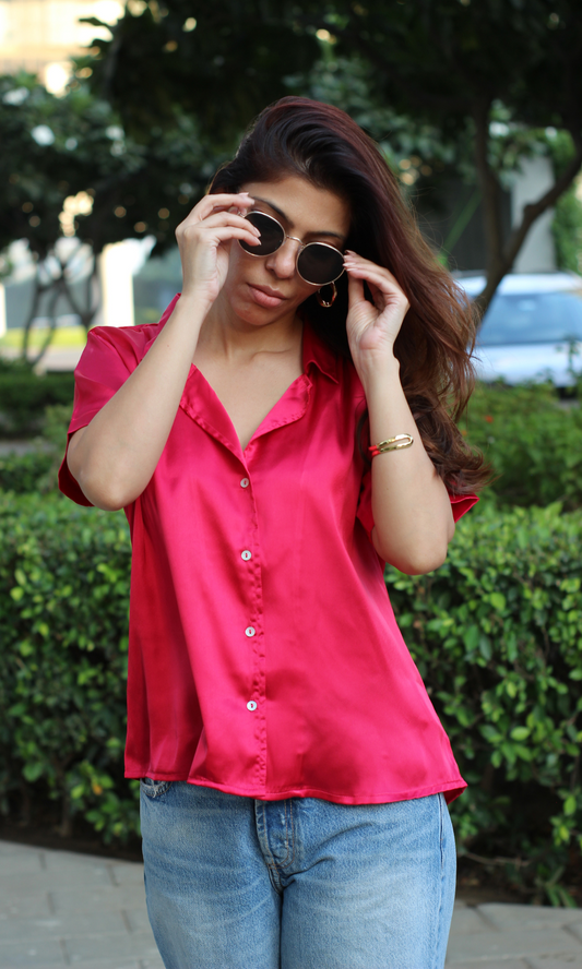 Hot Pink Half Sleeves Satin Shirt