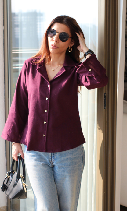 Wine Metallic Button Flared Sleeve Shirt
