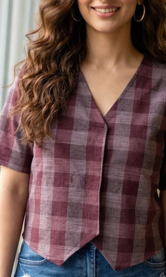 Wine & Ash Grid Sleeved Waist Coat