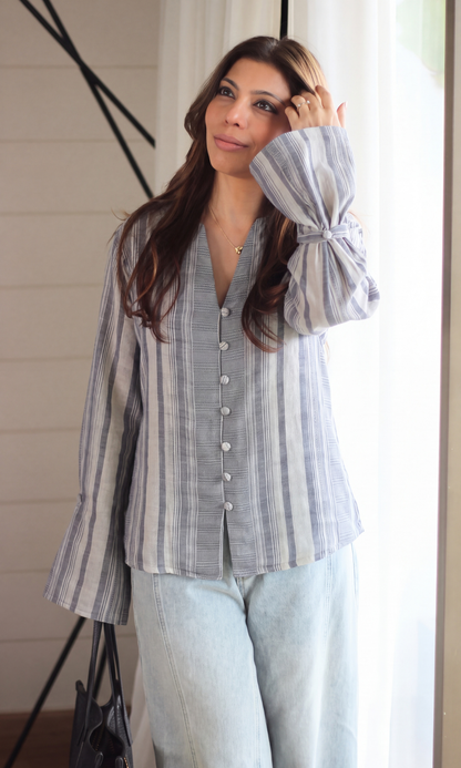Stone Stripe V-Neck Buttoned Blouse