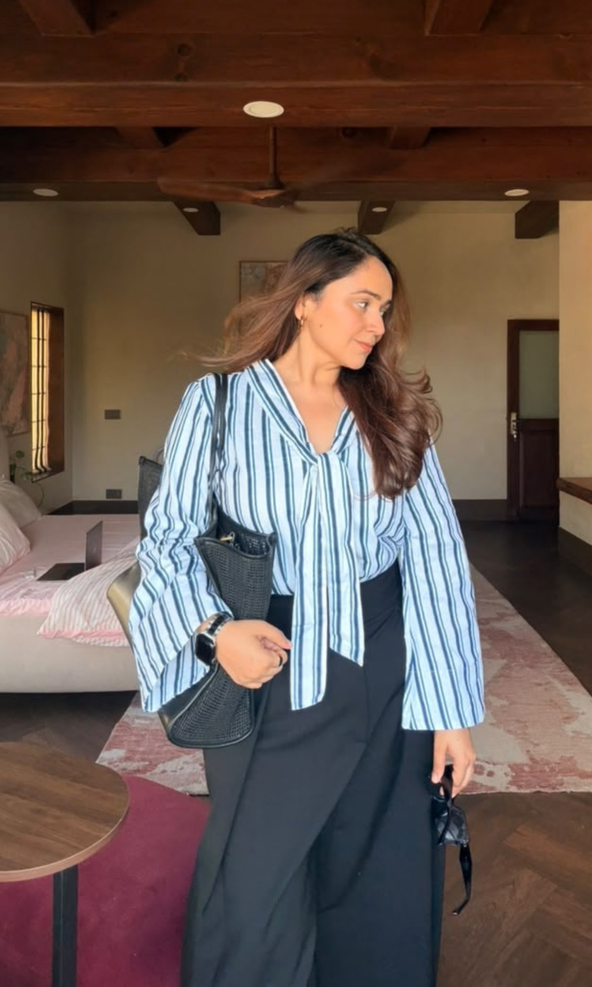 Navy Striped Tie-Neck Flared Sleeve Top