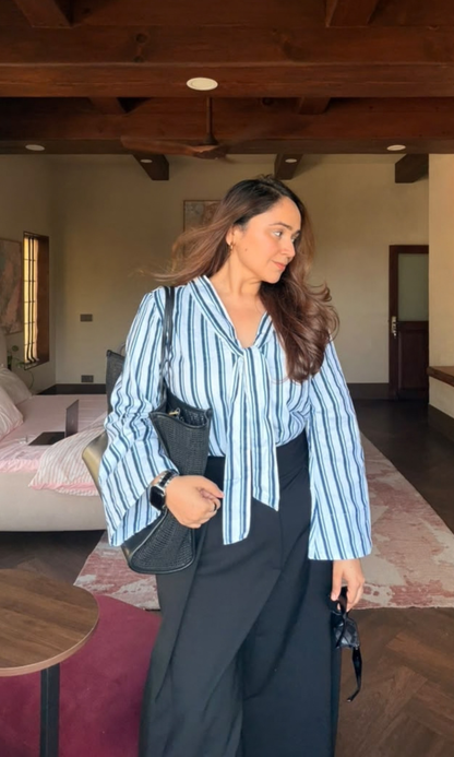 Navy Striped Tie-Neck Flared Sleeve Top