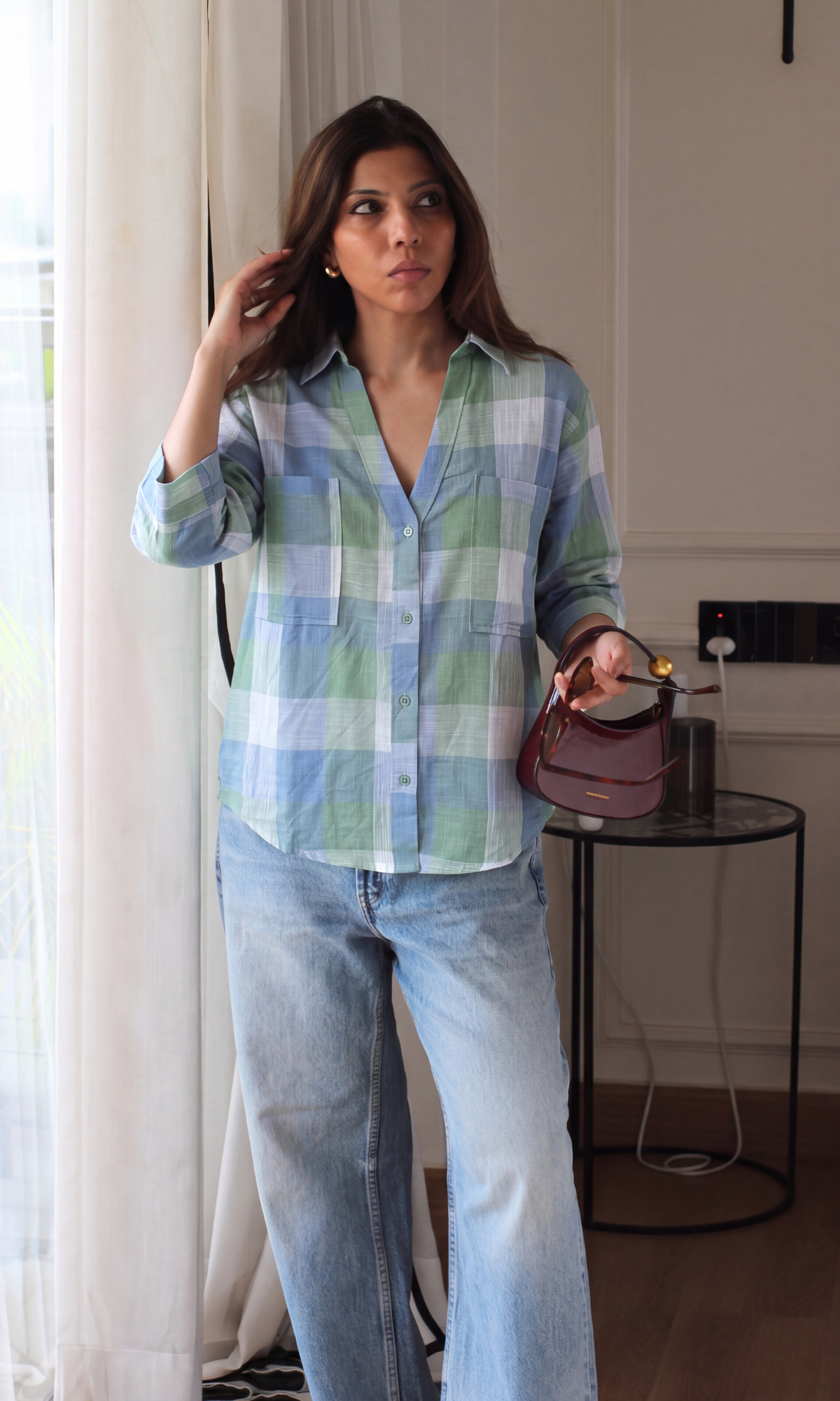 Green Blockcheck Loose Shirt