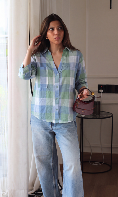 Green Blockcheck Loose Shirt