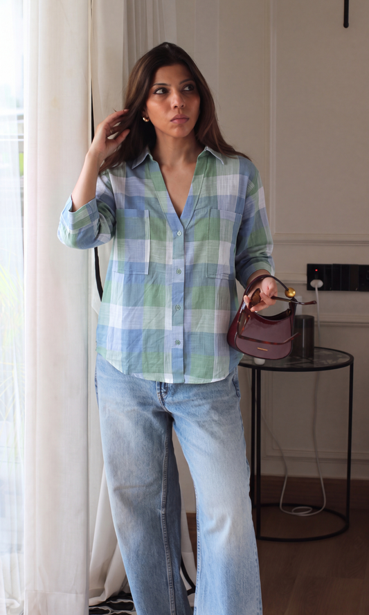 Green Blockcheck Loose Shirt
